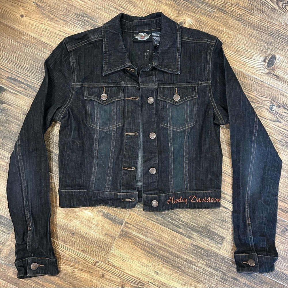 Harley-Davidson Women’s Denim Jacket Rhinestone Eagle Cropped Medium Y2K